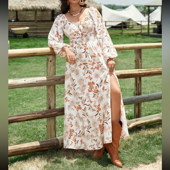 Boho floral print lantern sleeve dress - Picture 6 of 12